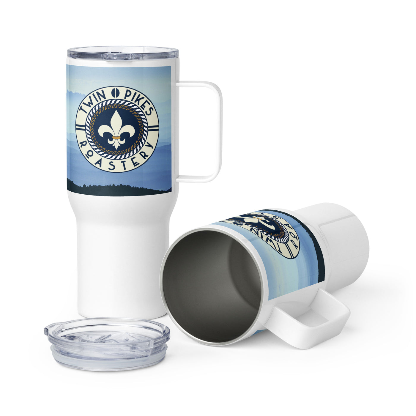 Mountain logo travel mug with a handle -  Twin Pikes Roastery