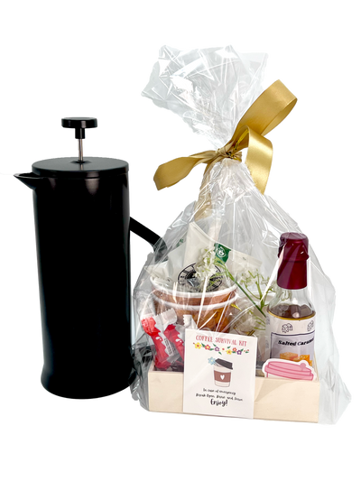 Unique Coffee lover gift pack - Coffee survival gift pack with French Press