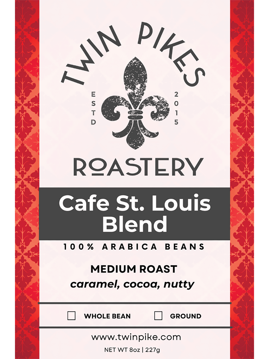 Cafe' St. Louis Blend - Twin Pikes Roastery - Medium Roast - 12oz - Product Label