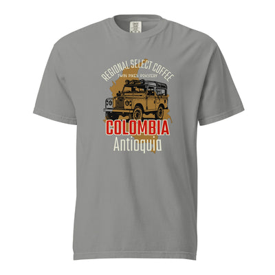 Colombia coffee tee - garment dyed -premium weight t-shirt - coffee lover gift - grey - front - Twin Pikes Roastery