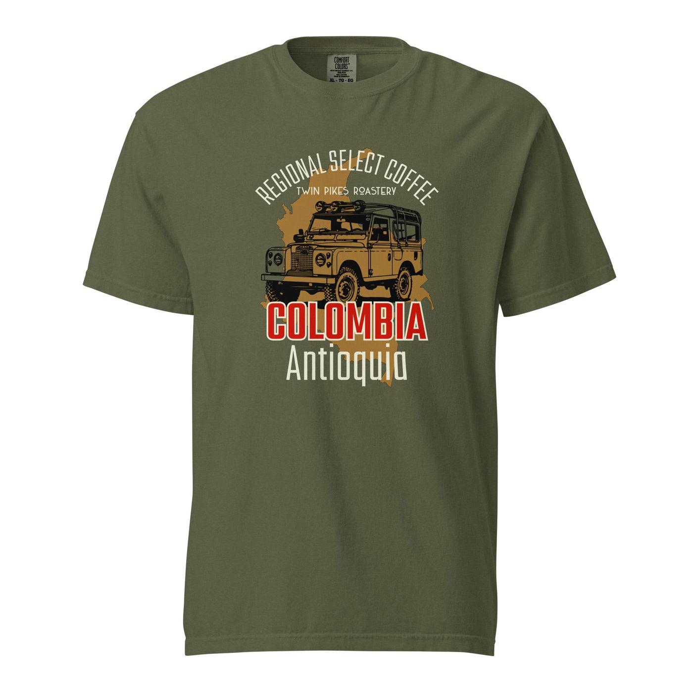 Colombia coffee tee - garment dyed -premium weight t-shirt - coffee lover gift - hemp - front - Twin Pikes Roastery