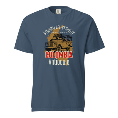 Colombia coffee tee - garment dyed -premium weight t-shirt - coffee lover gift - midnight - front - Twin Pikes Roastery