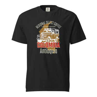 Colombia coffee tee - garment dyed -premium weight t-shirt - coffee lover gift - black white - front - Twin Pikes Roastery