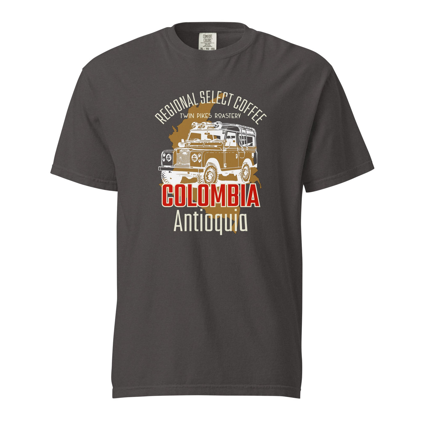 Colombia coffee tee - garment dyed -premium weight t-shirt - coffee lover gift - graphite - front - Twin Pikes Roastery