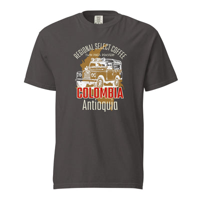 Colombia coffee tee - garment dyed -premium weight t-shirt - coffee lover gift - graphite - front - Twin Pikes Roastery
