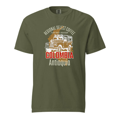 Colombia coffee tee - garment dyed -premium weight t-shirt - coffee lover gift - hemp white - front - Twin Pikes Roastery