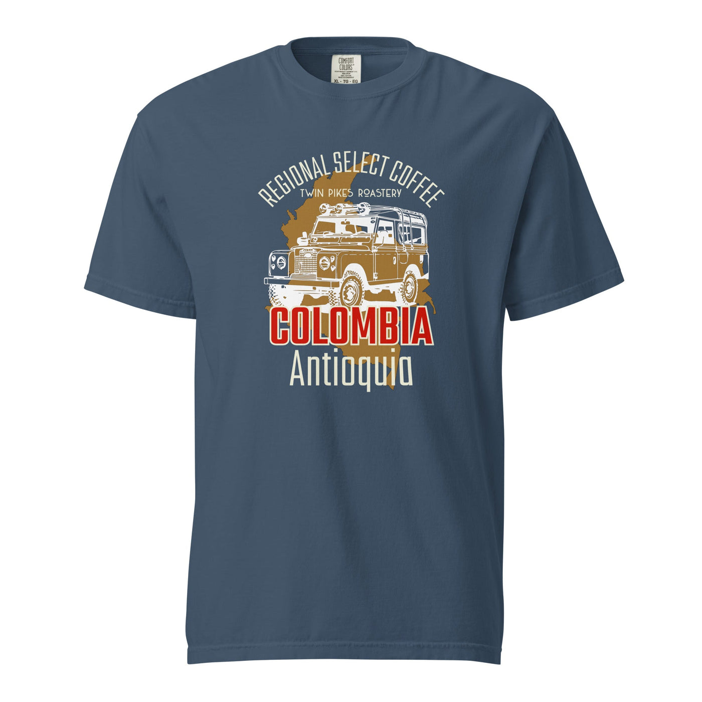 Colombia coffee tee - garment dyed -premium weight t-shirt - coffee lover gift - midnight white - front - Twin Pikes Roastery