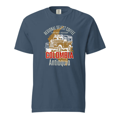 Colombia coffee tee - garment dyed -premium weight t-shirt - coffee lover gift - midnight white - front - Twin Pikes Roastery