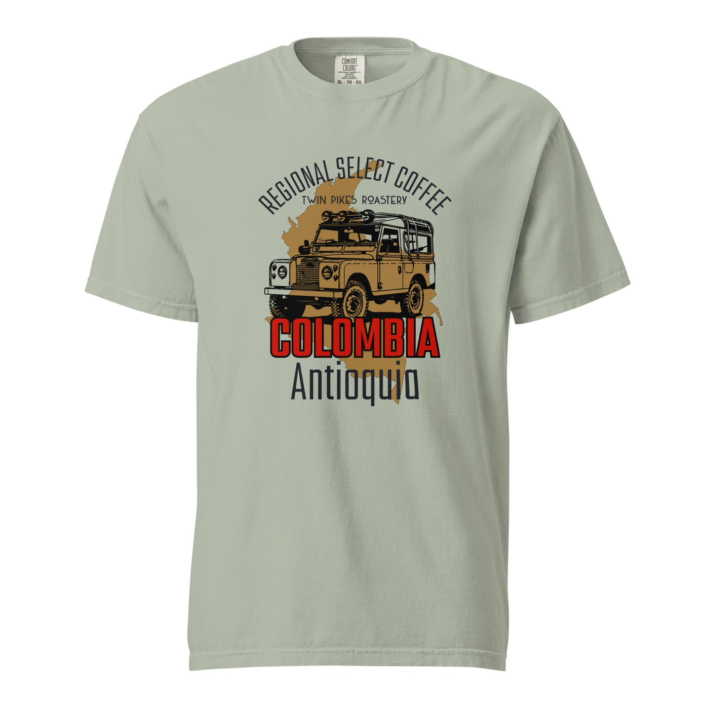 Colombia coffee tee - dyed - heavyweight t-shirt - unique gift for coffee lovers - Twin Pikes Roastery - bay - front