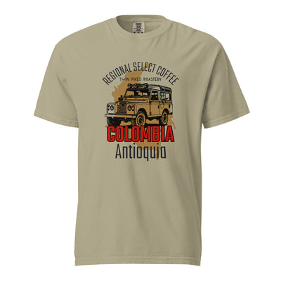 Colombia coffee tee - dyed - heavyweight t-shirt - unique gift for coffee lovers - Twin Pikes Roastery - khaki - front