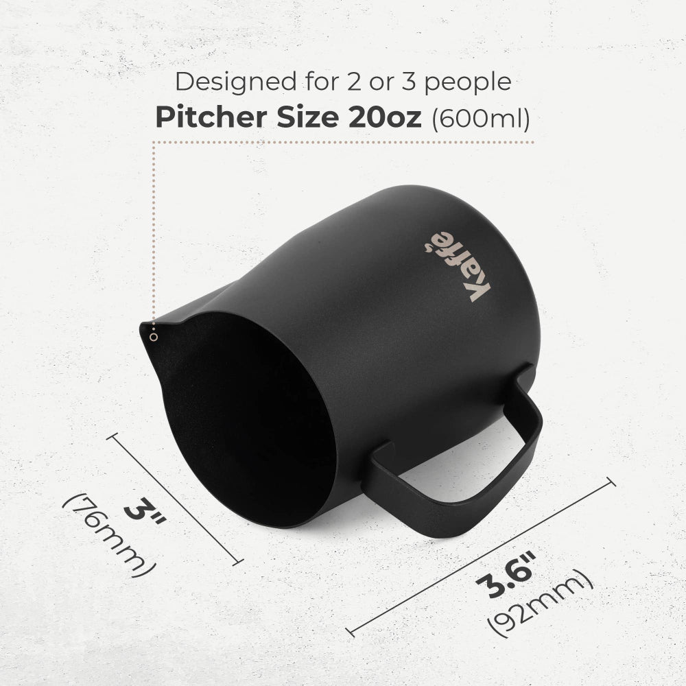 Kaffe 20oz Stainless Steel Milk Frothing Pitcher - Espresso Pitcher - Dimensions - Twin Pikes Roastery