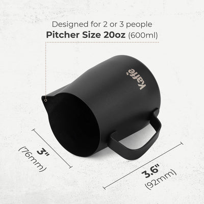 Kaffe 20oz Stainless Steel Milk Frothing Pitcher - Espresso Pitcher - Dimensions - Twin Pikes Roastery