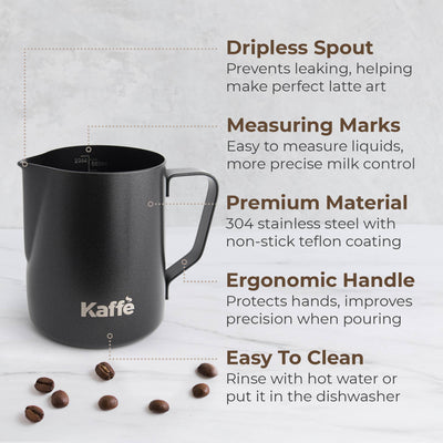 Kaffe 20oz Stainless Steel Milk Frothing Pitcher - Espresso Pitcher - Features - Twin Pikes Roastery