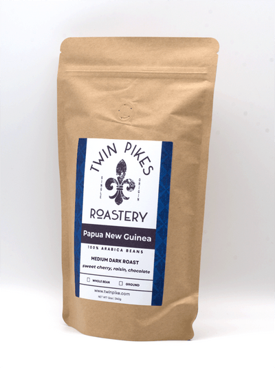 Papua New Guinea Coffee Beans - Twin Pikes Roastery - Medium Dark Roast - 12oz - Angled