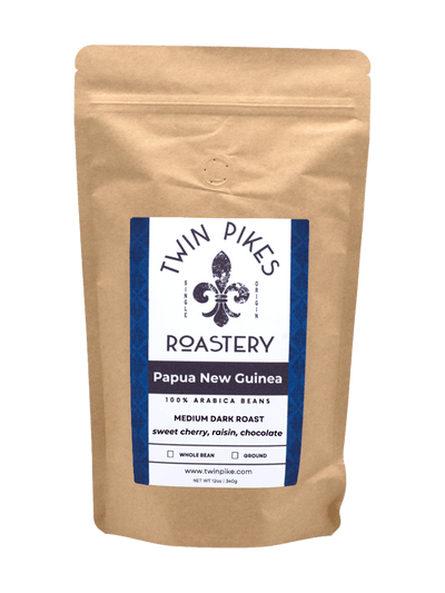 Papua New Guinea Coffee Beans - Twin Pikes Roastery - Medium Dark Roast - 12oz - Front